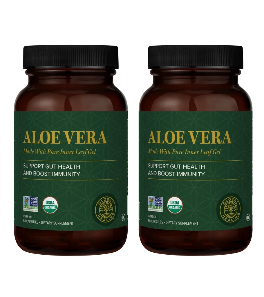 Global Healing Aloe Vera Bio-Active Organic Leaf Supplement - 200x Concentrate Formula with Highest Concentration of Acemannan - Aloin-Free - Gut Health & Immune Support - 60 Capsules- 2 Pack