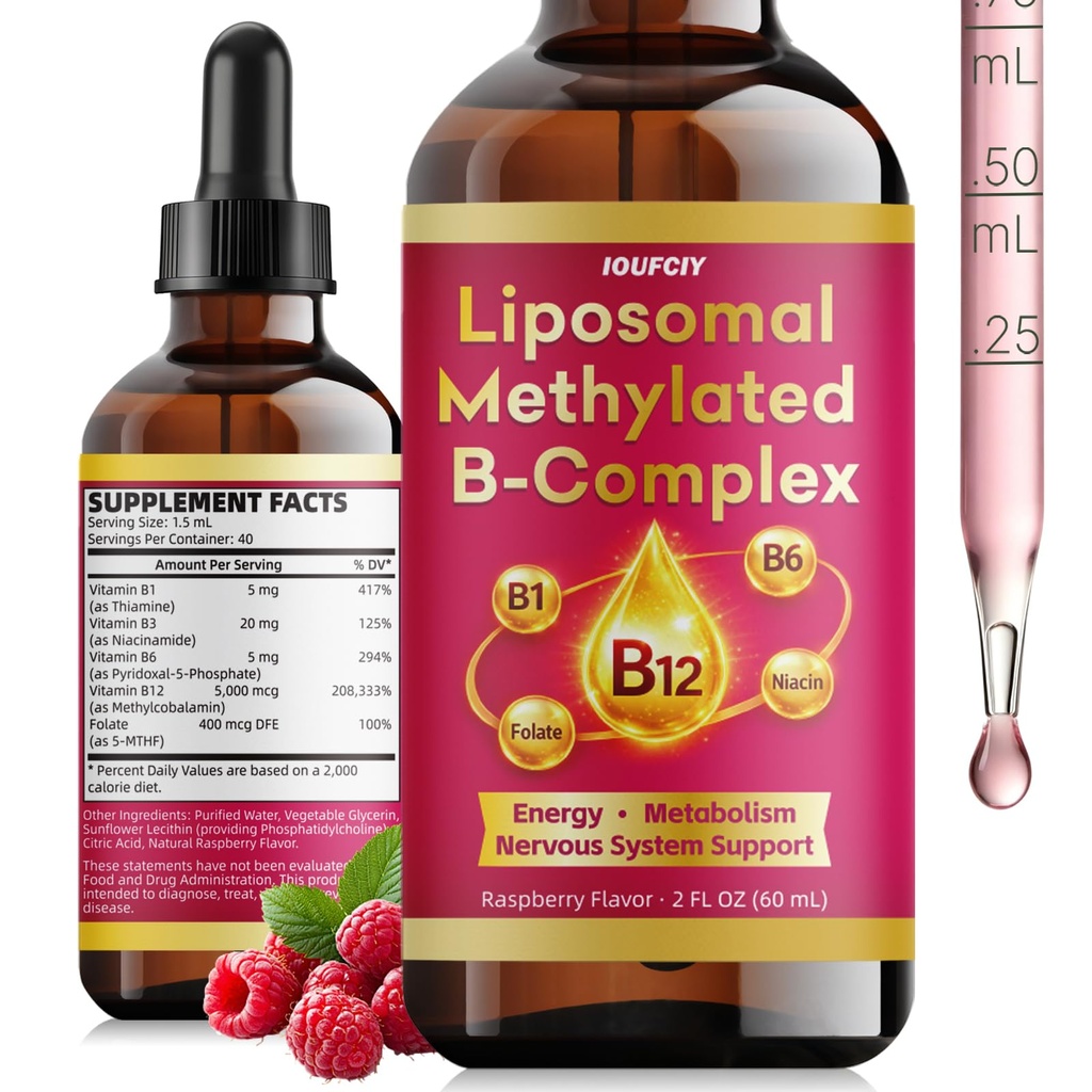 Liposomal B-Complex Drops, Vitamin B12 with B1, B3, B6 & Folate, Liquid B Vitamins, Raspberry Flavor, 2 Fl Oz