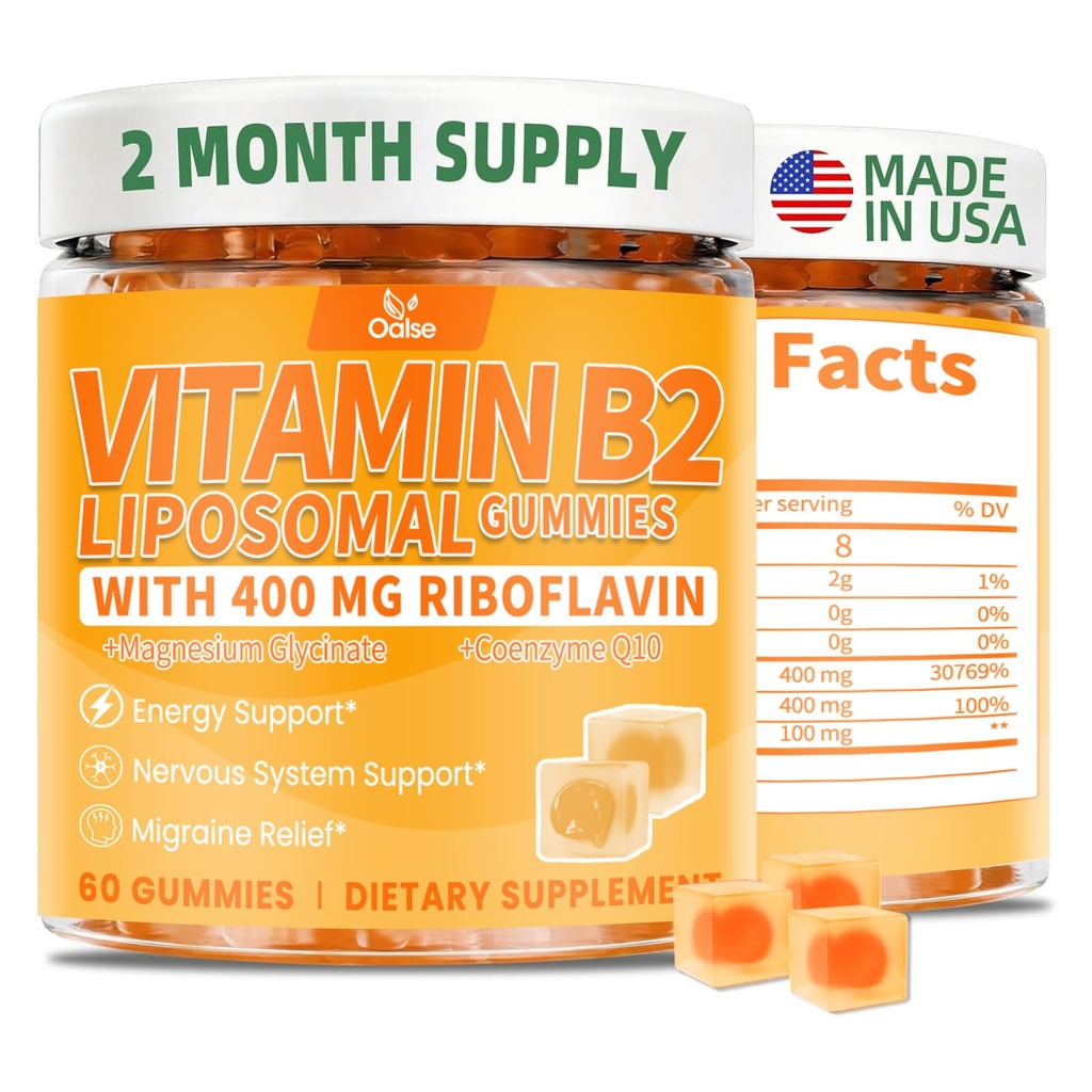 60-Day Liposomal Vitamin B2 Gummies - Riboflavin 400mg with Magnesium Glycinate & CoQ10 for Kids & Adults - B2 Vitamins for Migraine Relief - Sugar-Free