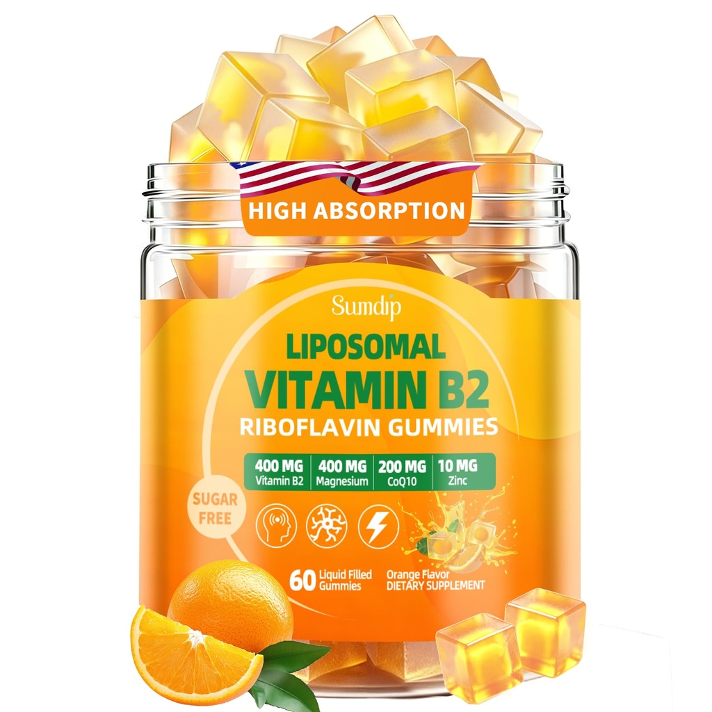 Vitamin B2 Gummies, Liposomal Riboflavin 400mg Supplement for Kids & Adults - High Potency with Magnesium, CoQ10, Zinc for Energy & Head - Sugar Free, Vegan, Orange Flavor, 60 Gummies (30-Day Supply)