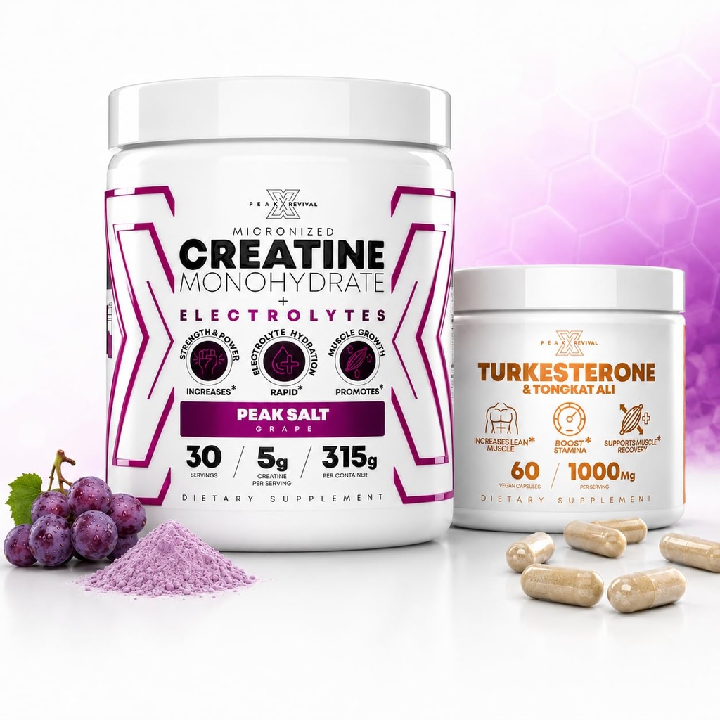 Peak Revival-X Turkesterone Tongkat Ali Capsules + Creatine Monohydrate Powder with Electrolyte Hydration Salts, Grape, Muscle Strength Recovery & Hydration Support