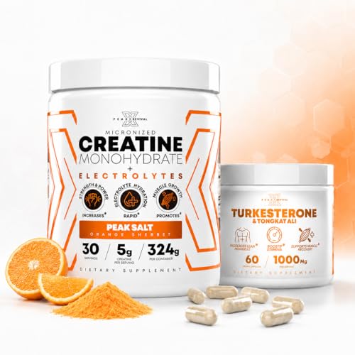 Peak Revival-X Turkesterone Tongkat Ali Capsules + Creatine Monohydrate Powder with Electrolyte Hydration Salts, Orange Sherbet, Muscle Strength Recovery & Hydration Support, 30 Servings