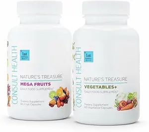 Consult Health Nature's Treasure, 60 Mega Fruit and 60 Veggie Capsules,100% Whole Natural Green and Red Superfood Plant Based Nutrition, Supports Energy Levels, Grown and Made in The USA - (2Pack)