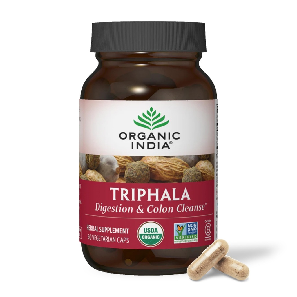 ORGANIC INDIA Triphala Capsules Organic - Herbal Supplement with Amla, Bibhitaki, Haritaki, Digestion & Colon Support, Immune System Support, Adaptogen, Vegan, USDA Certified Organic - 60 Capsules