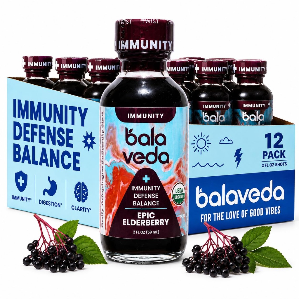 Epic Elderberry Immunity Shot with Vitamin C, 12 Pack | Organic Elderberry with Vitamin C from Amla, Adaptogens + Antioxidants, Vegan, Gluten Free, Glass Bottles