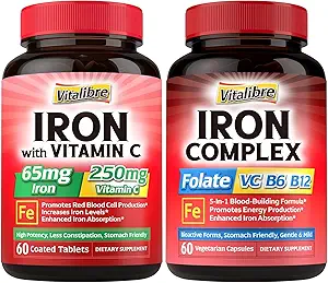 Iron Supplement for Women & Men, with Vitamins C, B6, B12 & Folate + Iron Supplement, 65mg Carbonyl Iron with 250mg Vitamin C