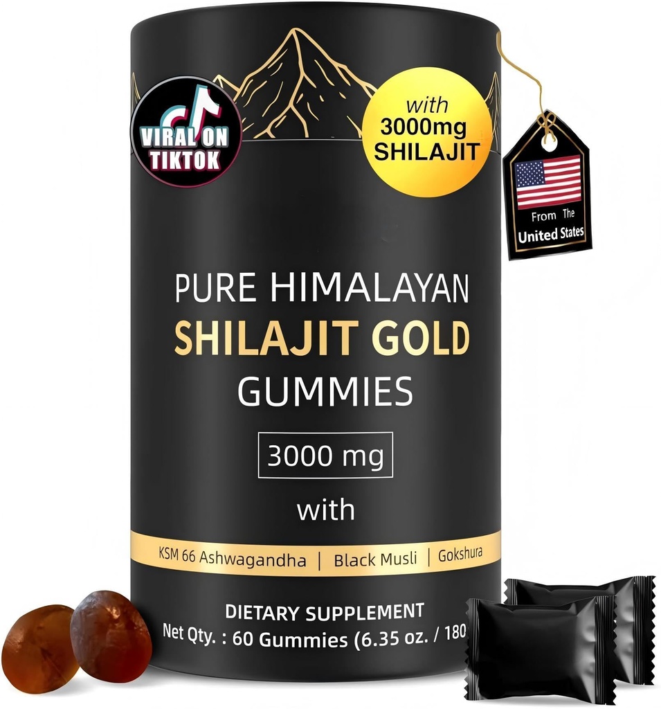 3000mg Himalayan Shilajit Gummies Gold for Men & Women - Organic & Natural with 85+ Essential Minerals & Fulvic Acid - Non-GMO - 100% Natural & Organic (1 Bottle/60 Gummy)