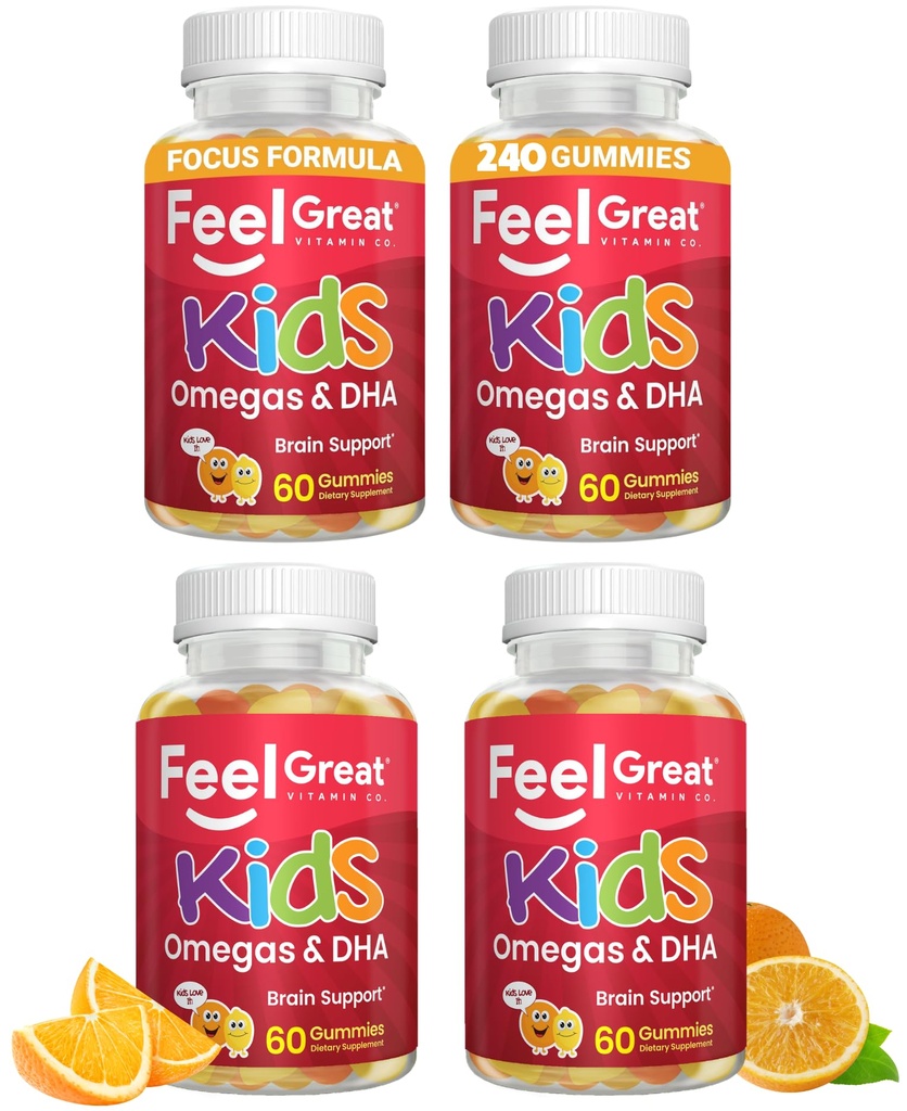 Feel Great Vitamins Omega 3 for Kids | DHA Gummies for Kids with Plant-Based Omega 3 6 9 + Vitamin C | Supports Brain, Vision & Heart Health | Vegetarian, No Fishy Taste | 60 Gummies - 4 Pack
