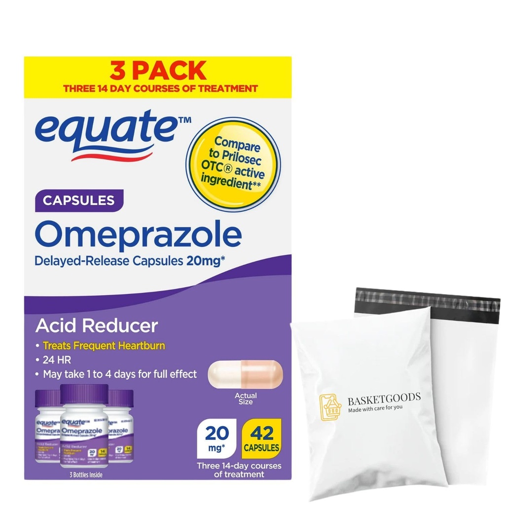 Equate Omeprazole Delayed Release 20 mg, Acid Reflux & Heartburn Treatment - Set by Basket Goods
