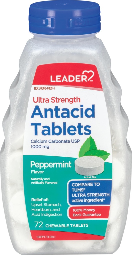Leader Antacid Ultra Strength Chewable, Fast Heartburn & Indigestion Relief, Acid Reflux, Upset Stomach, Calcium Carbonate, Peppermint, 72 Count