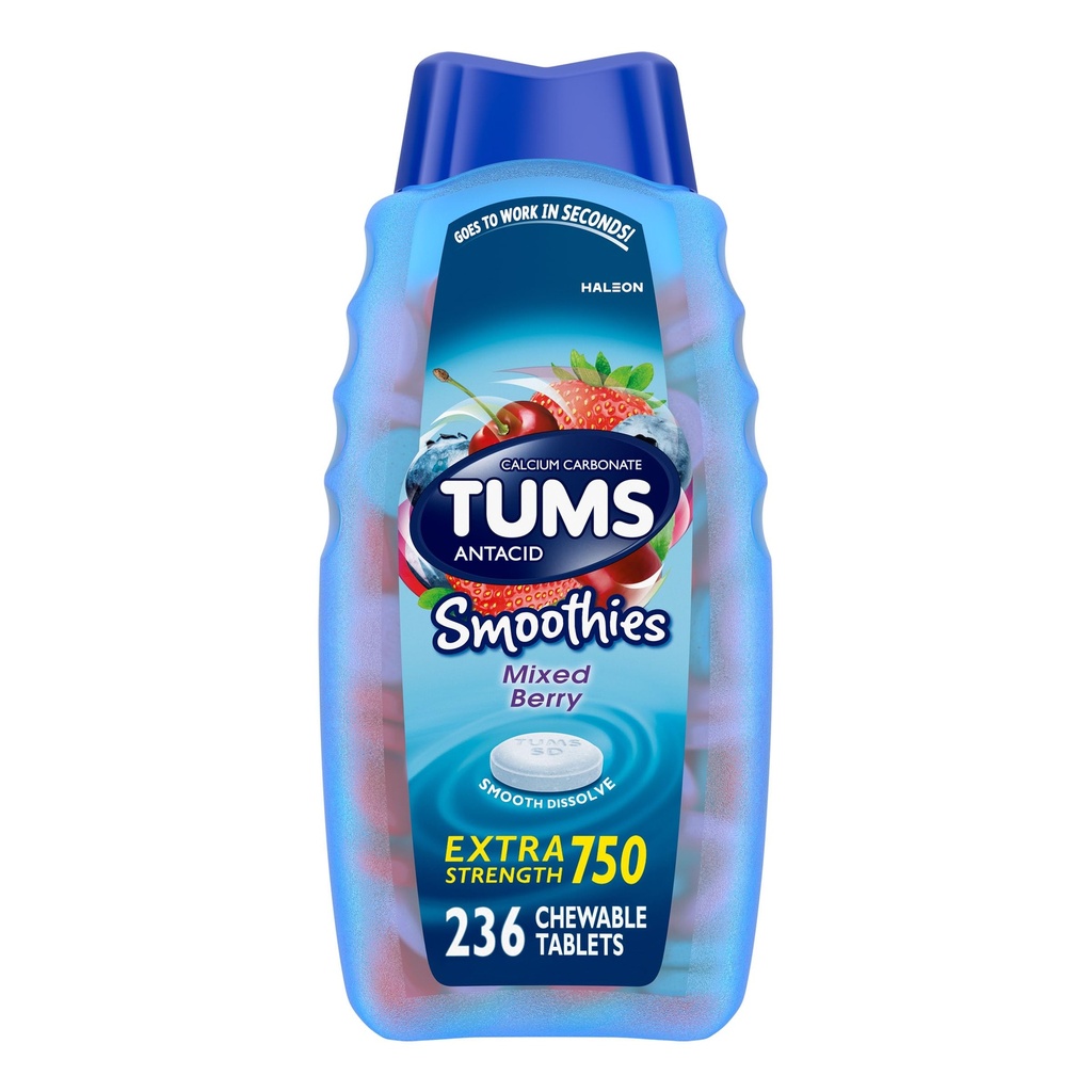 ​​TUMS Smoothies Chewable Antacid Tablets for Extra Strength Heartburn Relief, Mixed Berry - 236 Count​