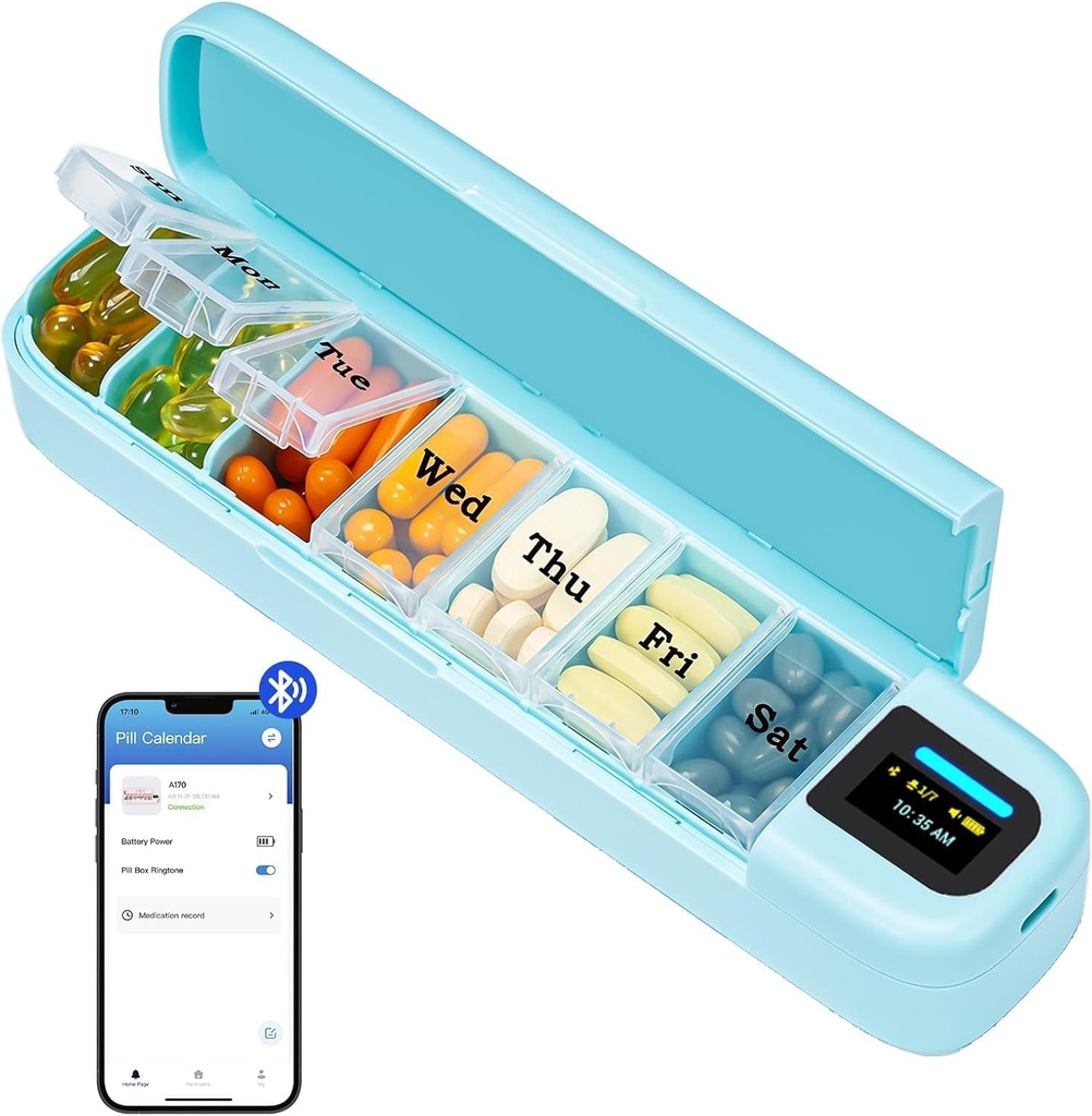 Daviky Smart Pill Organizer με Συναγερμό, Bluetooth καθημερινά Μία φορά την ημέρα κουτί χάπια 7 ημέρα με APP, Weekly Travel Pill Υπόθεση, Φορητή Υπενθύμιση Χάπια για Φάρμακα, Συμπληρώματα και Βιταμίνες (Πράσινη)