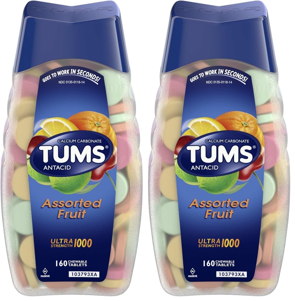 TUMS Ultra Strength Antacid Tablets for Chewable Heartburn Relief and Acid Indigestion Relief, Assorted Fruit - 160 Count, (Pack of 2)