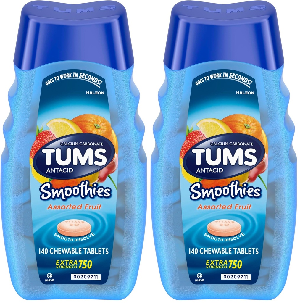 TUMS Smoothies Extra Strength Antacid Chewable Tablets for Heartburn Relief, Assorted Fruit - 140 Count (Pack of 2)
