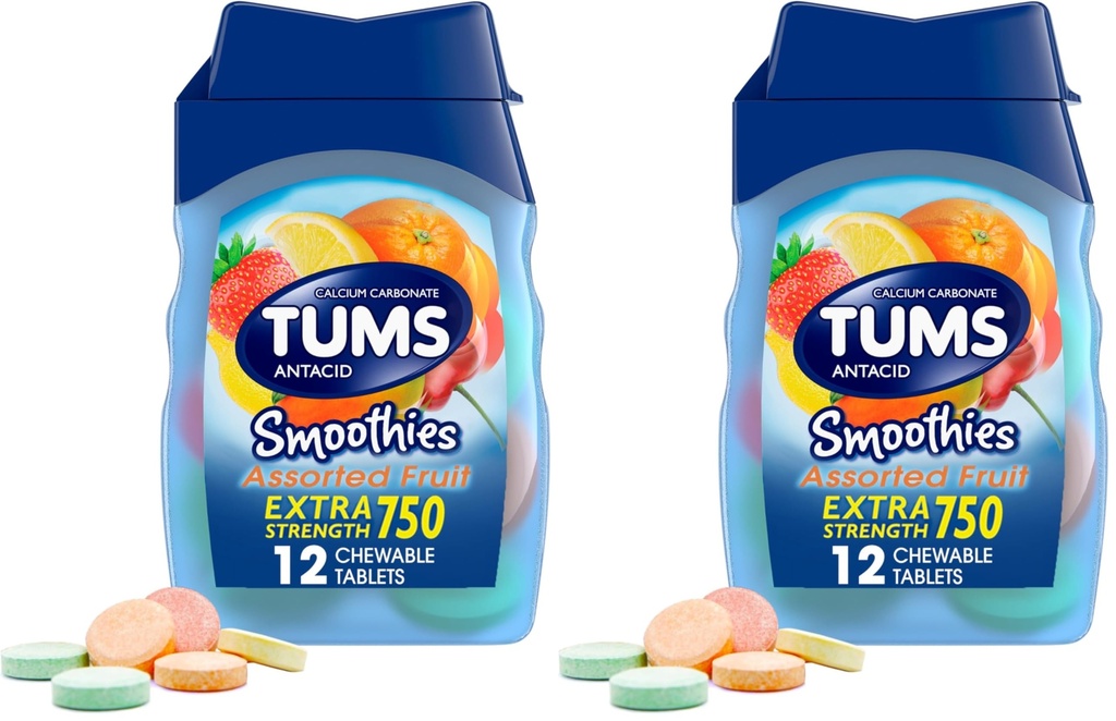 TUMS Smoothies Extra Strength Antacid Chewable Tablets for Heartburn Relief, Assorted Fruit - 12 Count (Pack of 2)