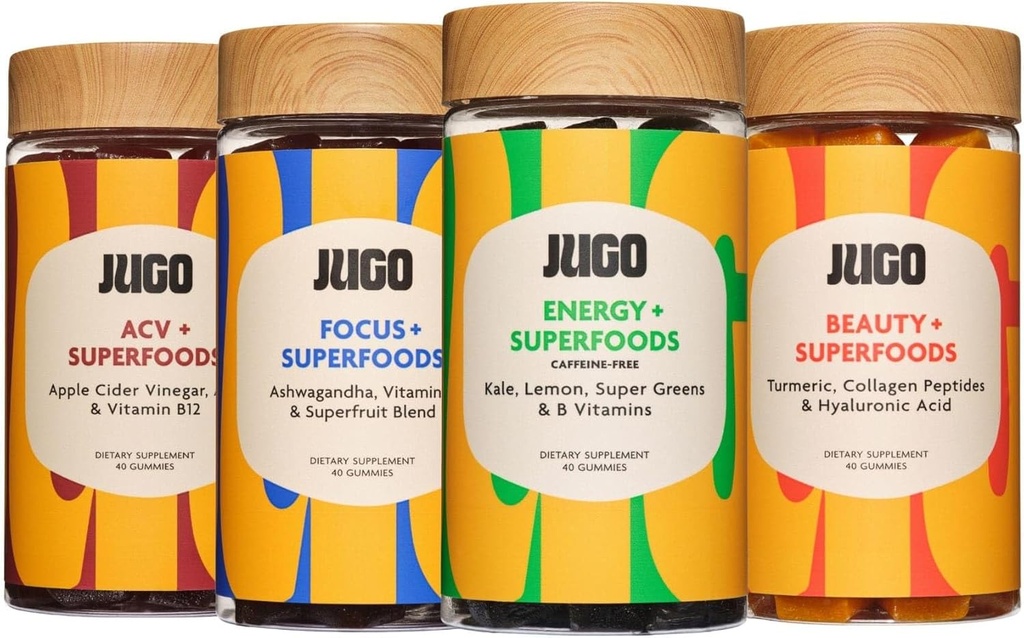 JUGO Superfoods Gummies Variety Pack – Focus, Energy, Beauty & ACV Gummies – Plant-based, 100% Χορτοφαγικά, Χωρίς γλουτένη – Υποστηρίζει το μυαλό, το σώμα & Digestive Υγεία