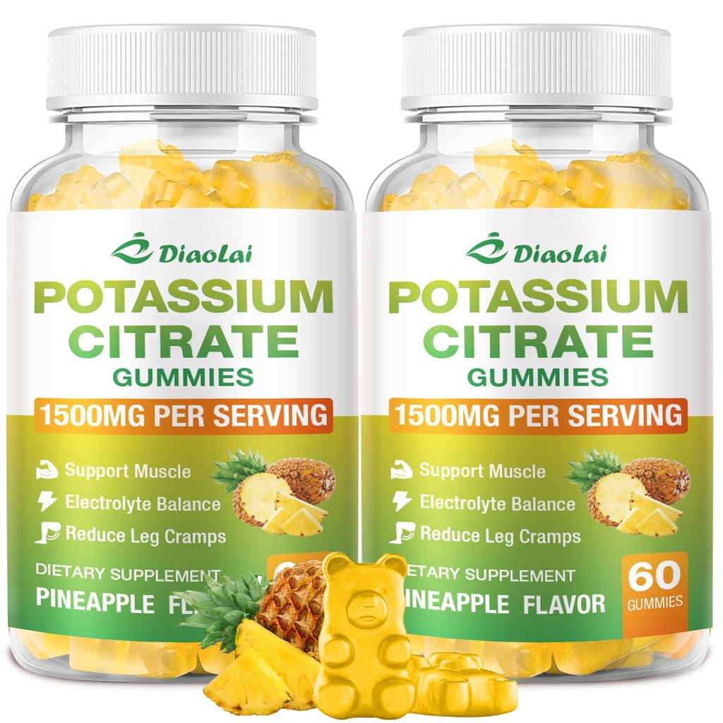 Potassium Citrate 1500mg Gummies - Potassium Supplement for Women & Men, Supports Leg Cramp Relief & Muscle Health, Vegan, Pineapple Flavor (120 Count)