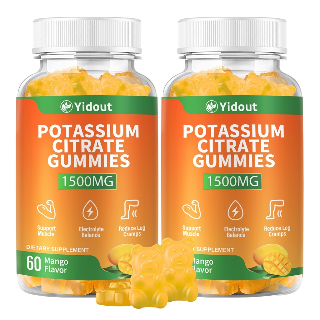 Potassium Citrate 1500mg Gummies-Support Leg Cramps & Muscle Health, Potassium Gummies for Adults & Kids,Vegan, Non-GMO, Mango Flavor (60 Count（Pack of 2）)