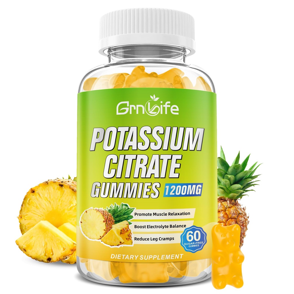 Potassium Citrate Gummies, High Potassium Supplement Gummies 1200mg Support Leg Cramps & Muscle Health, Vegan, Pineapple Flavor 60 Count