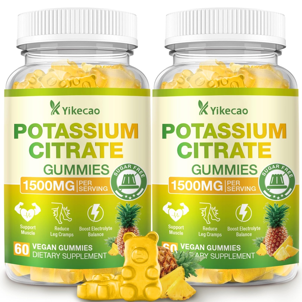 2 Pack Potassium Citrate Gummies 1500mg, Potassium Supplement Gummies for Adults Women & Men, Support Leg Cramps & Muscle Health, Sugar-Free, Pineapple Flavor, 120 Count