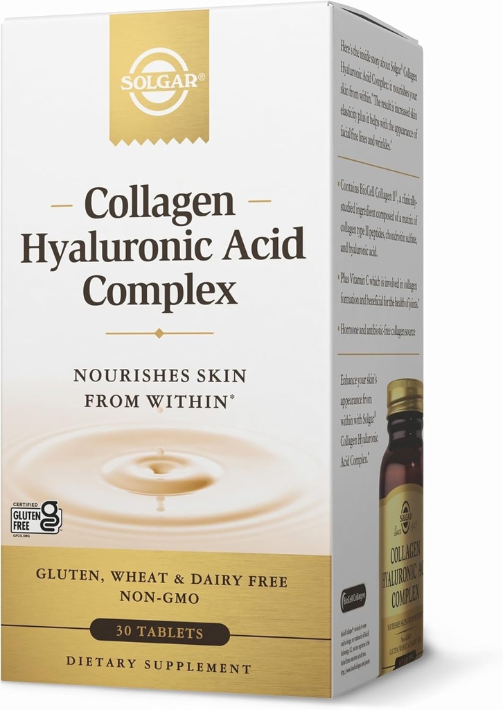 Solgar Collagen Hyaluronic Acid Complex - 30 δισκία - με υδρολυμένο κολλαγόνο τύπου 2 & χονδροϊτίνη - Μη ΓΤΟ, Γλουτένη & Γαλακτοκομικά - 30 Σερβιέτες