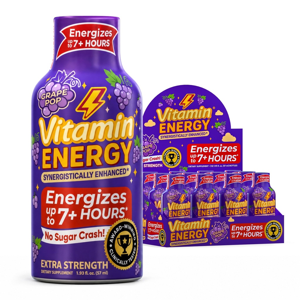 Vitamin Energy Grape Pop Extra Strength Energy Shot, 12 Pack - Up to 7 Hrs, 260mg Natural Caffeine, Zero Sugar - Green Tea Extract, Immune Support, B12 B6 Niacin, 1.93 fl oz, Keto Vegan