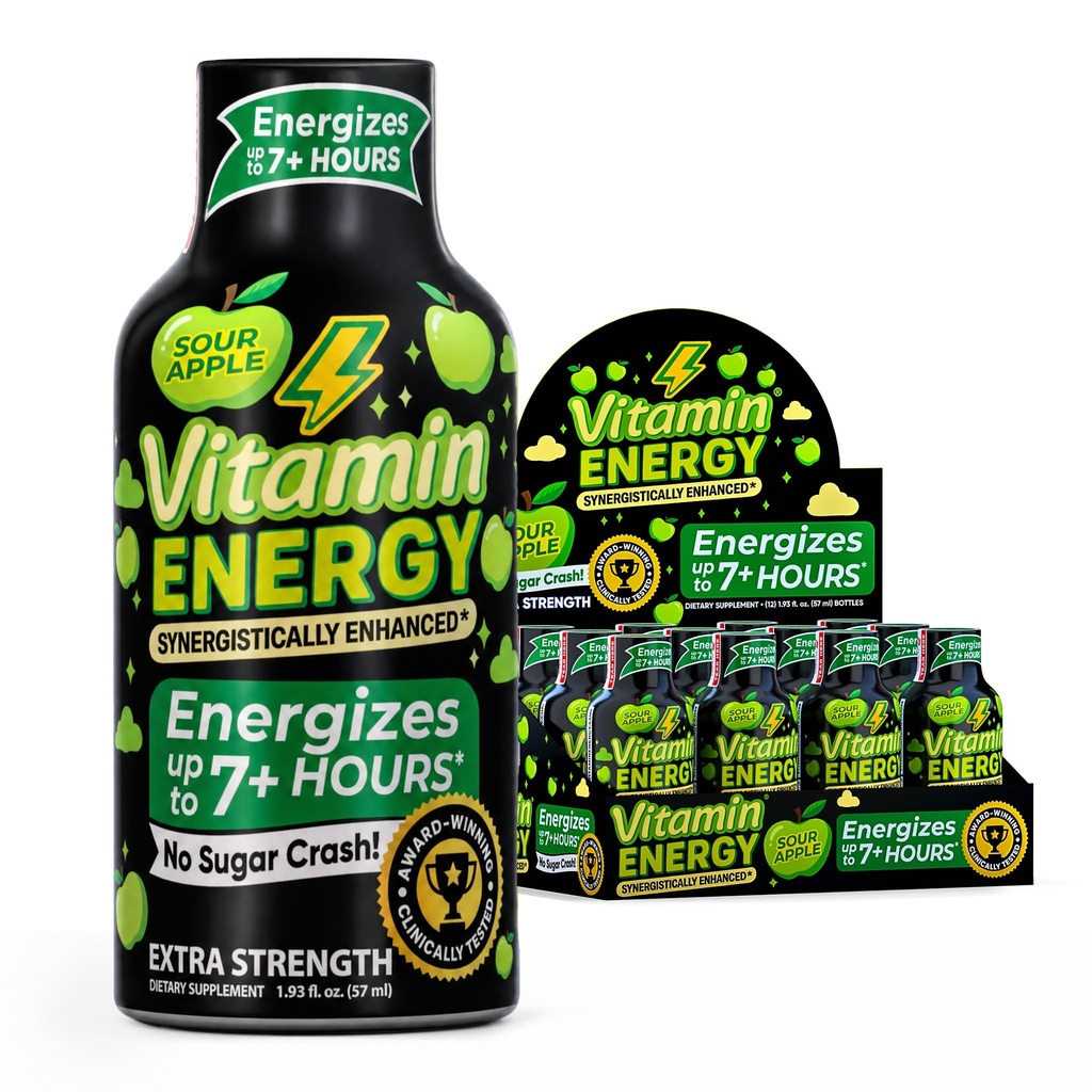 Vitamin Energy Sour Apple Extra Strength Energy Shot, 12 Pack - Up to 7 Hrs, 260mg Natural Caffeine, Zero Sugar - Beta-Alanine + Electrolytes, Workout Support, B12 B6 Niacin, 1.93 fl oz, Keto Vegan