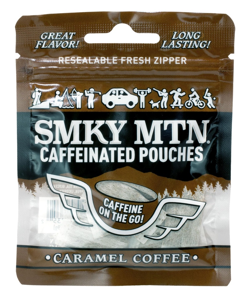 SMOKEY MOUNTAIN Caffeinated Pouches - Caramel Coffee - Tobacco Free and Nicotine Free - 15 Pouches Per Pack - 10 Packs