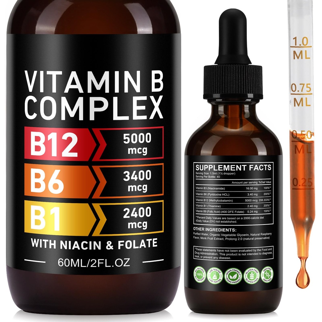 YLXYZUAD Vitamin B Complex Liquid Drops - Vitamin B12 5000mcg | B1, B3, B6, B9 | Niacin & Folate | 60ml (2 Fl Oz)