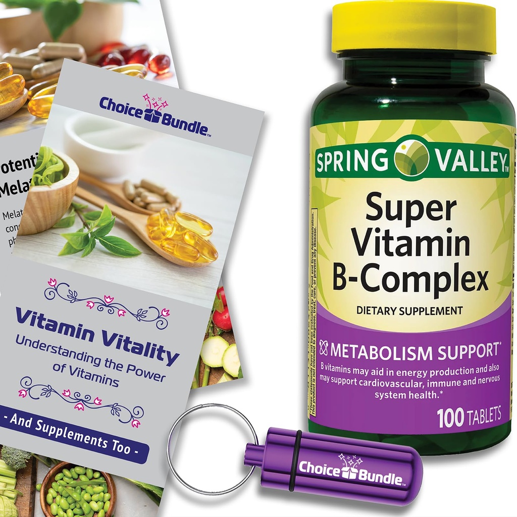 Spring Valley Super Vitamin B-Complex Tablets Metabolism Support 100 Ct Plus Vitamin Vitality & Pill Container (3 Items)!