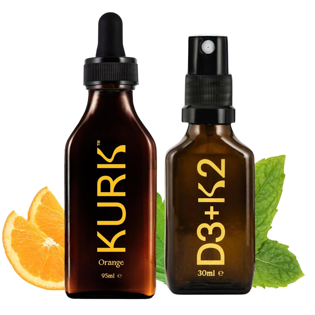 High Strength Liquid Curcumin Oil from Turmeric (Orange 3.2 Fl Oz) and Vitamin D3 K2 Oral Spray (Peppermint 1 Fl Oz) Bundle