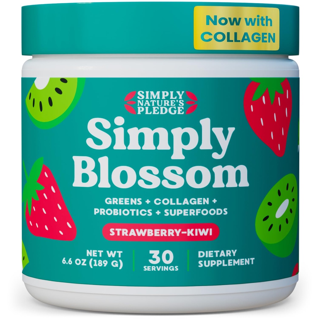 Simply Blossom Nutrition Daily Greens & Superfood Powder + Collagen + Probiotics for Women's Digestive Health & Bloating Relief. Help Your Health Bloom - 30 Day Supply - Strawberry Kiwi