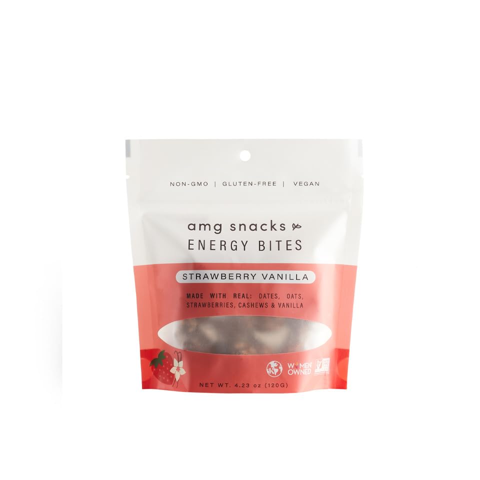 AMG Snacks Strawberry Vanilla Energy Bites | 4.3 oz, Pack of 3 (36 Bites Total) | Date and Nut Energy Snacks Protein Bars | Non GMO, Gluten Free, Vegan Protein Bites | Made with All Natural Ingredients