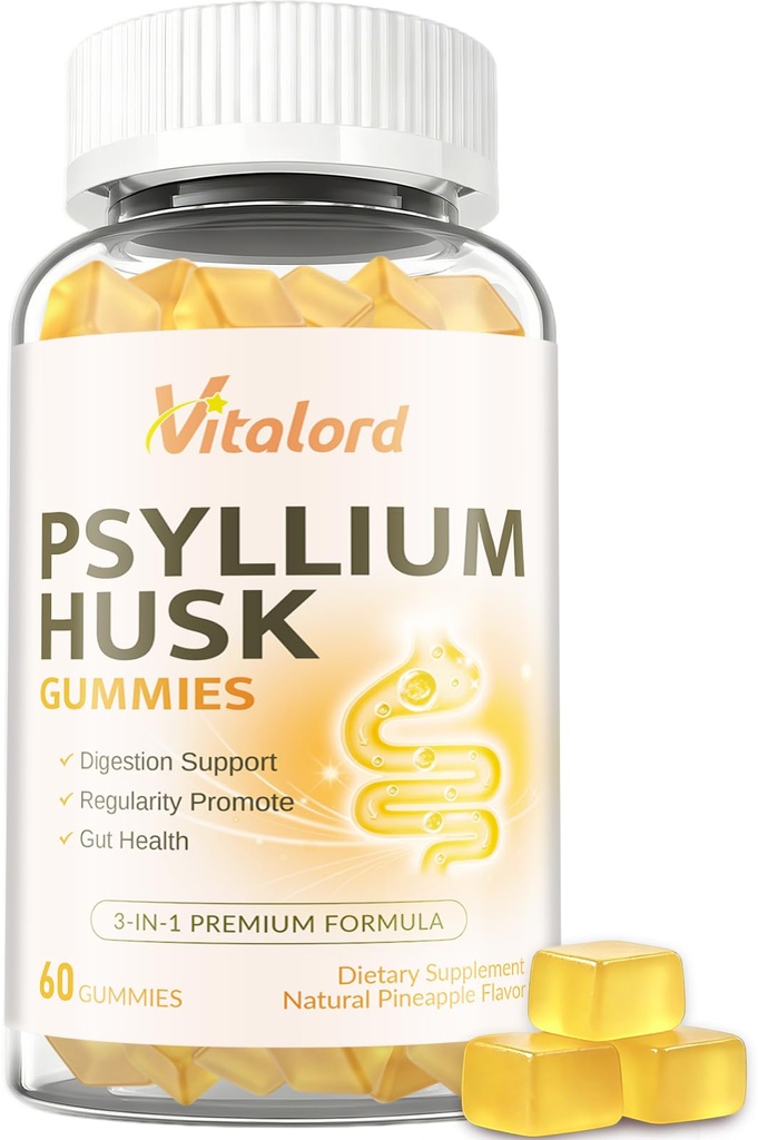 Psyllium Fiber Gummies Sugar Free, Chewable Psyllium Husk Supplement for Adults, with Probiotics & Inulin, Gut & Digestive Health, 60 Ct