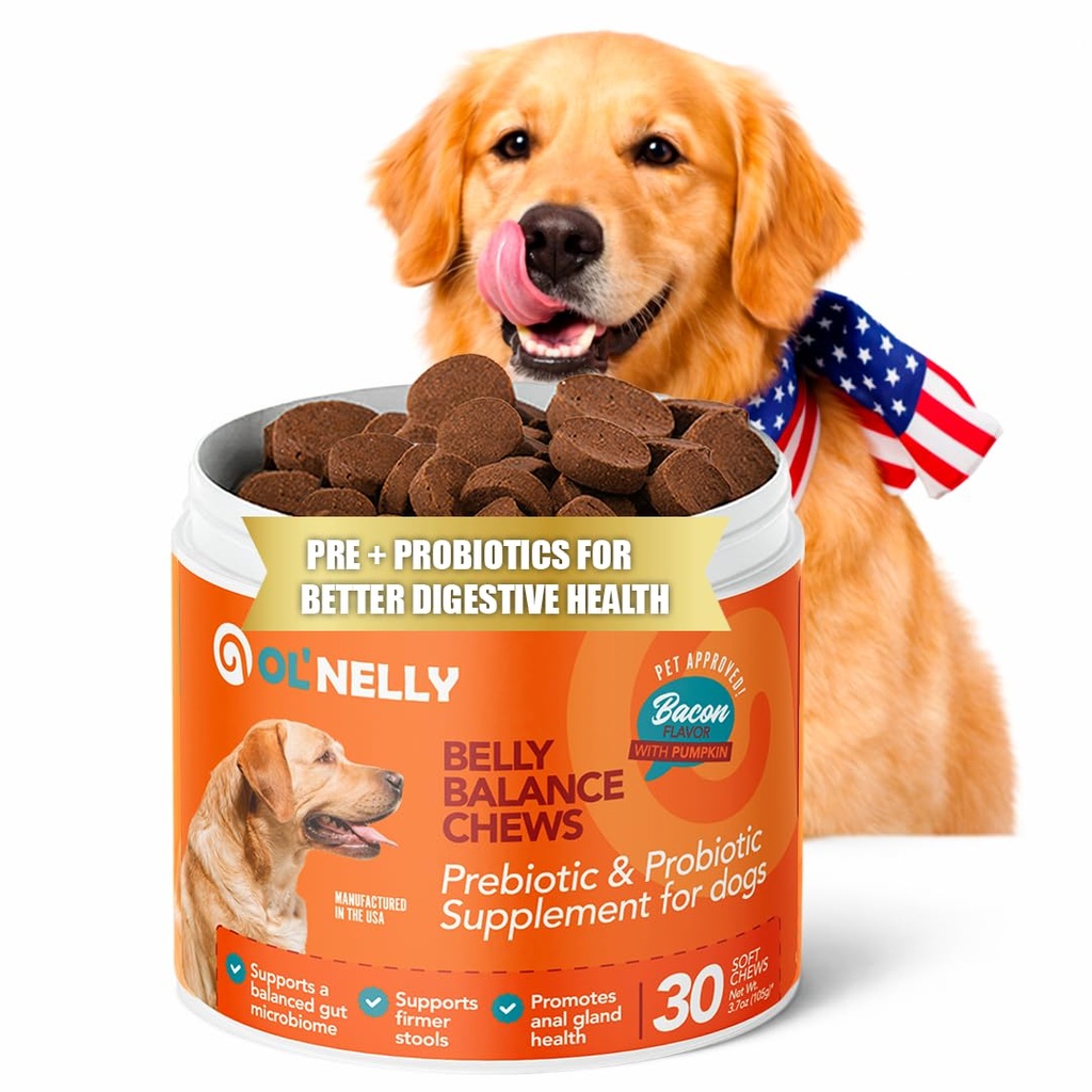OL'Nelly Dog Probiotic Chews, 5.4 Billion CFU, 6 Strains, Pumpkin, Inulin & Yucca Root, Digestive Health Supplement for Dogs, Supports Gut Balance, Firmer Stools, Anal Gland Health, Gas & Bloating