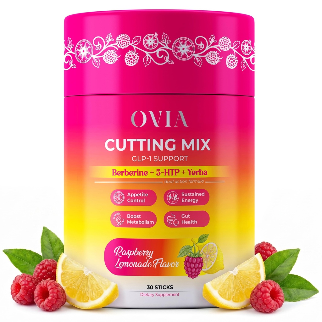 OVIA Cutting Mix Craving Control & Weight Management Powder with Yerba Mate, Berberine, 5-HTP, Inulin FOS, L-Theanine, Chromium, Cinnamon & Ginger, Raspberry Lemonade, 30 Sticks