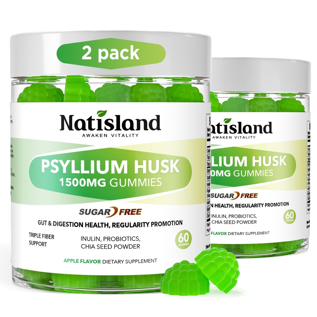Psyllium Husk Gummies, 1500mg Psyllium Husk Fiber Supplement with Probiotics, Inulin, Chia Seed Powder for Gut & Digestive Health, Regularity, Vegan, Sugar Free, 120 Chewable