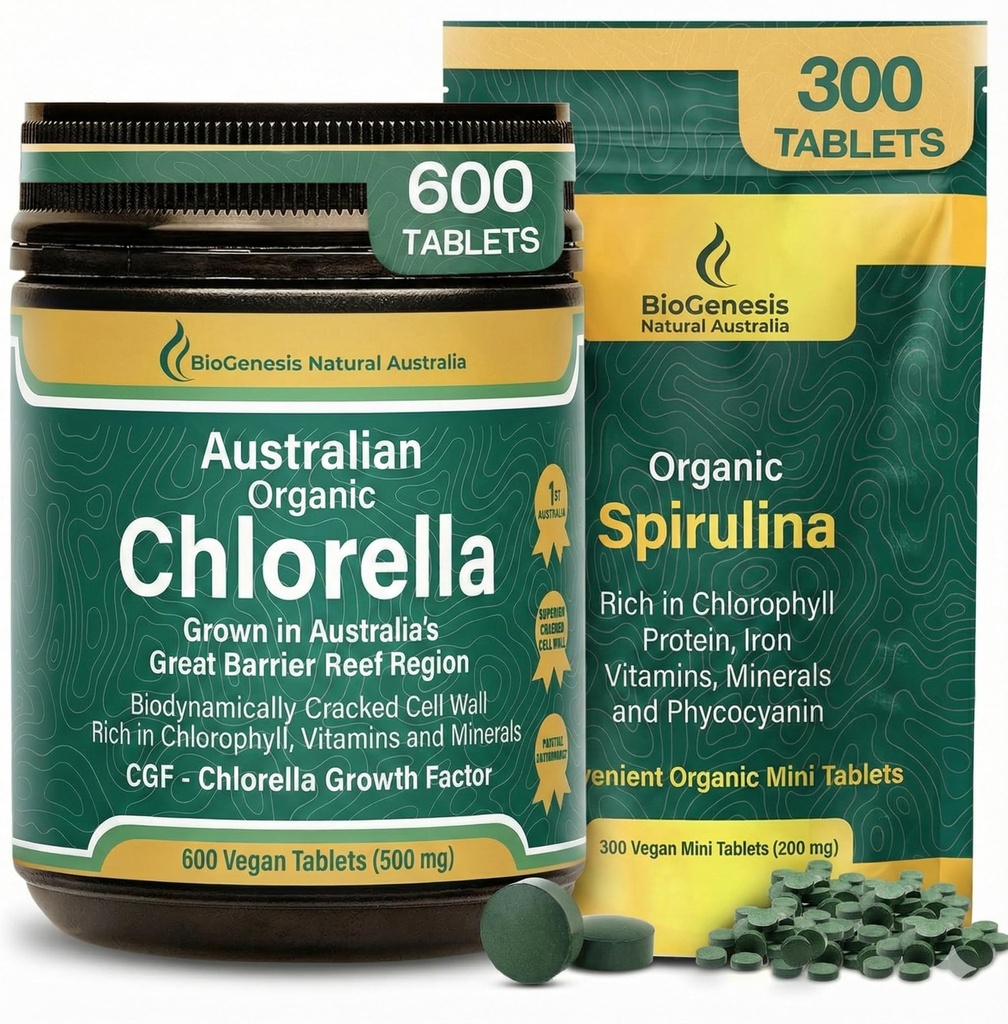 Biogenesis Organic Spirulina & Chlorella Duo – Spirulina (300 Mini Tabs) & Chlorella (600 Tabs) | Australian Grown | BioDynamic Cracked Cell Wall | Rich in Chlorophyll & Phycocyanin | Energy, Immunity