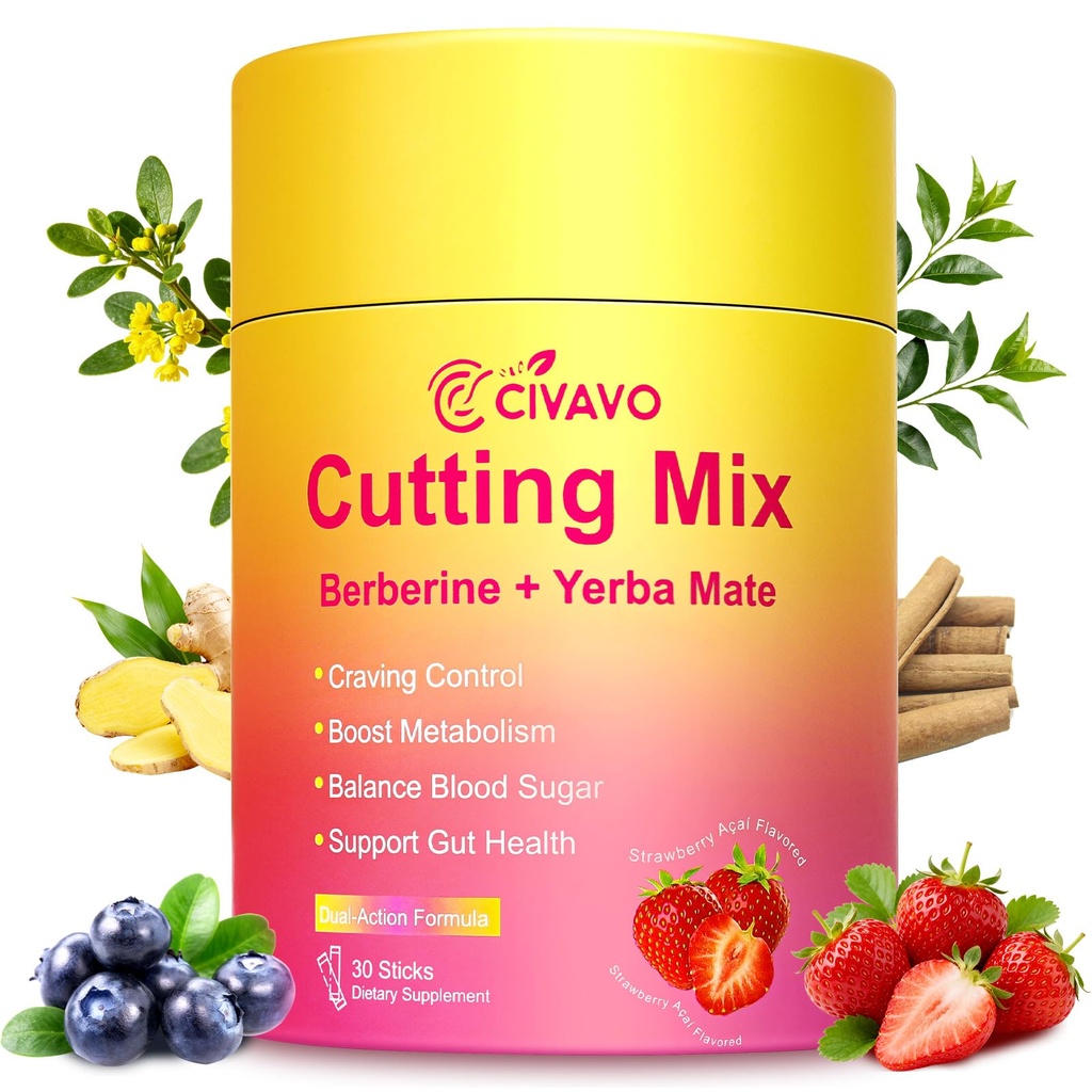 Cutting Drink Mix – with Yerba Mate, Chromium, 5-HTP, Magnesium & Prebiotic FOS | Supports Energy & Gut Health | Strawberry Açaí, Sugar-Free, 30 Sticks
