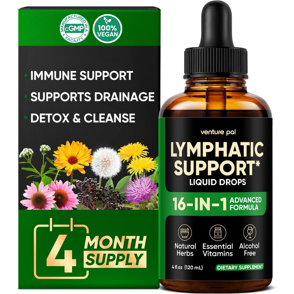 Lymphatic Drainage Drops for Bloat Relief & De-Puff - 120 Servings - Echinacea, Dandelion, Burdock, Cleavers & Vitamins, Alternative to Lymphatic Drainage Massager, Alcohol-Free, Sugar-Free, 4 fl oz