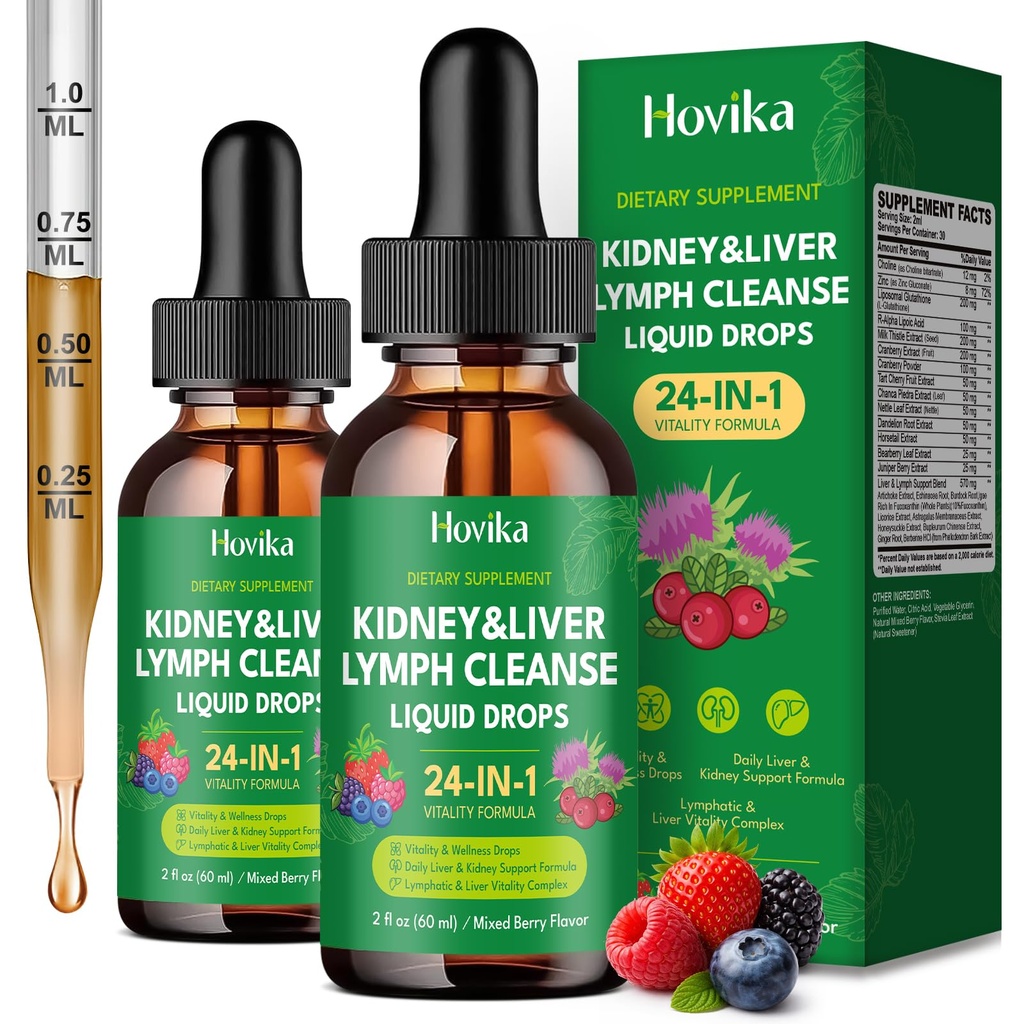 24-in-1 Kidney & Liver, Lymph Cleanse Detox & Repair Drops, Three Immune Formula with Cranberry, Milk Thistle, Vegan Urinary Tract & Lymphatic Drainage & Liver Repair | Mixed Berry Flavor, 2 Pack