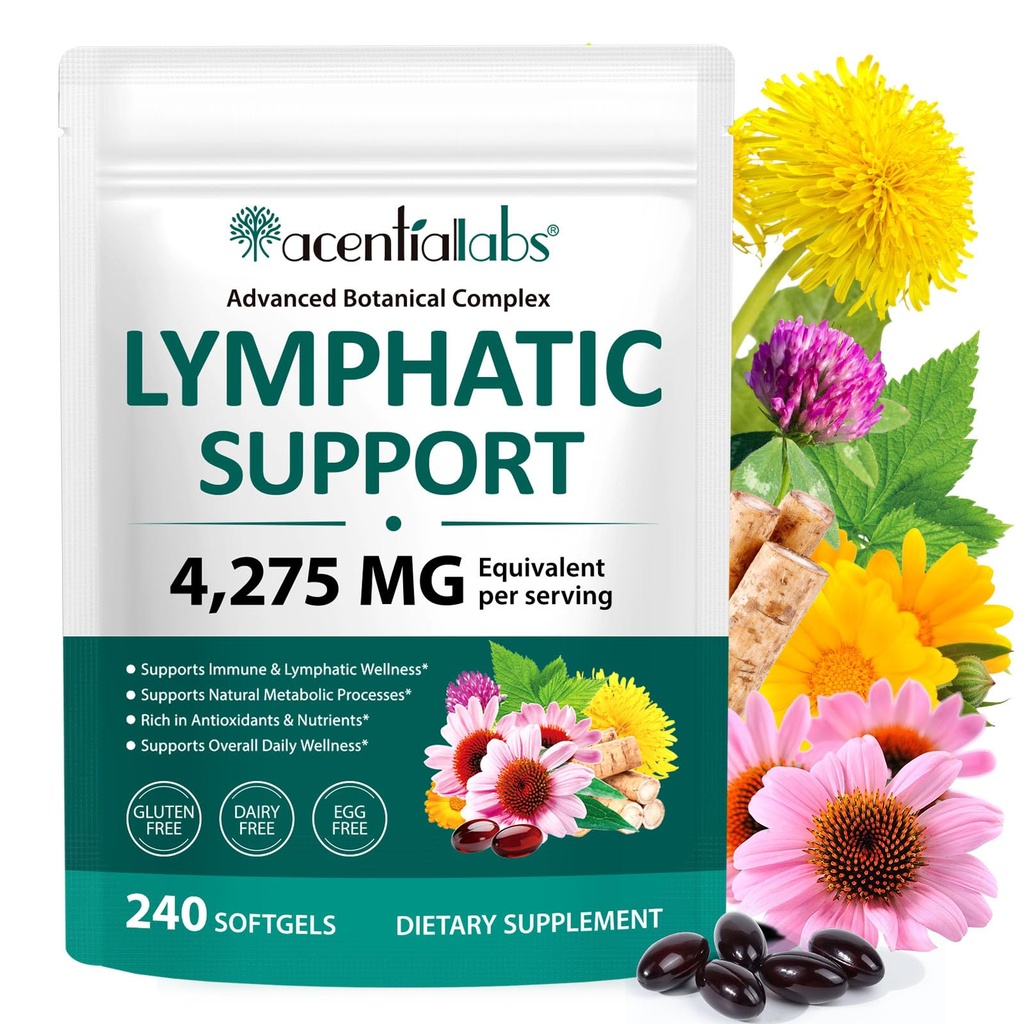 Lymphatic Drainage Supplements, 240 Softgels with Echinacea, Dandelion & Bromelain for Immune & Lymphatic Wellness, Non-GMO, Gluten-Free, Dairy-Free 80-Day Botanical Complex
