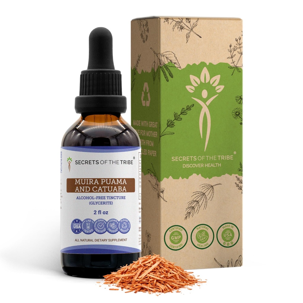 Secrets of the Tribe Muira Puama and Catuaba Alcohol-Free Liquid Extract (Ptychopetalum Olacoides and Erythroxylum Catuaba) Dried Bark Tincture Supplement (2 FL OZ)