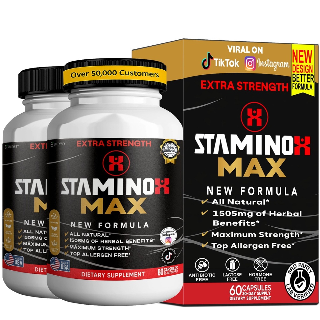 StaminoX Max Dietary Supplement, Herbal Blend, Organic Maca Root, 60 Capsules (2)