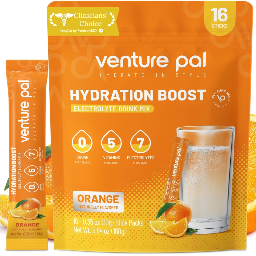 Venture Pal Sugar Free Electrolytes Powder Packets - Liquid Daily IV Hydration Packets | Instantly Hydrating & Party Recovery | 5 Vitamins & 7 Electrolytes | Certified Vegan, Keto, Non-GMO | 16 Sticks