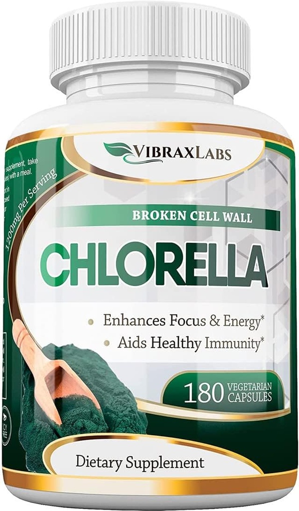 VibraxLabs Chlorella Κάψουλες – Σπασμένο τοίχωμα κυττάρων 600 mg Veggie χάπια (1200 mg σερβιρίσματος) - Συμπλήρωμα σκόνης πρωτεΐνης για φυσική αποτοξίνωση, Best with Spirulina, Χωρίς επίγευση, Made in USA