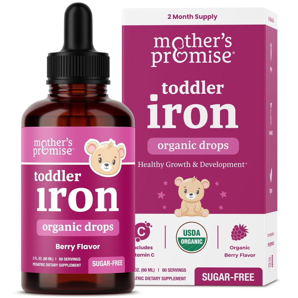 Organic Infant Iron Drops with Vitamin C, Gentle Ferrochel® Liquid Supplement for Babies, Toddlers & Children, Sugar-Free Mixed Berry Flavor, Non-Constipating Formula, Gummies Alternative