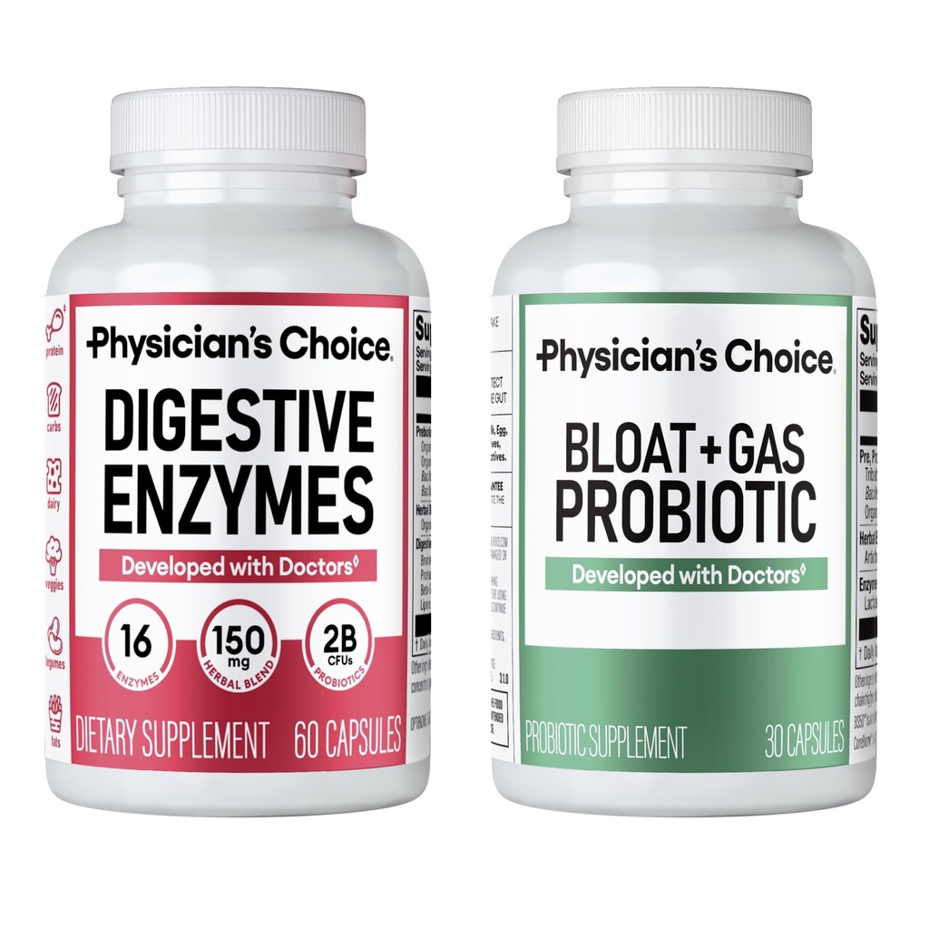 Physician's CHOICE Bloat Bundle: Bloat & Gas Probiotic 30ct + Digestive Enzymes 60ct
