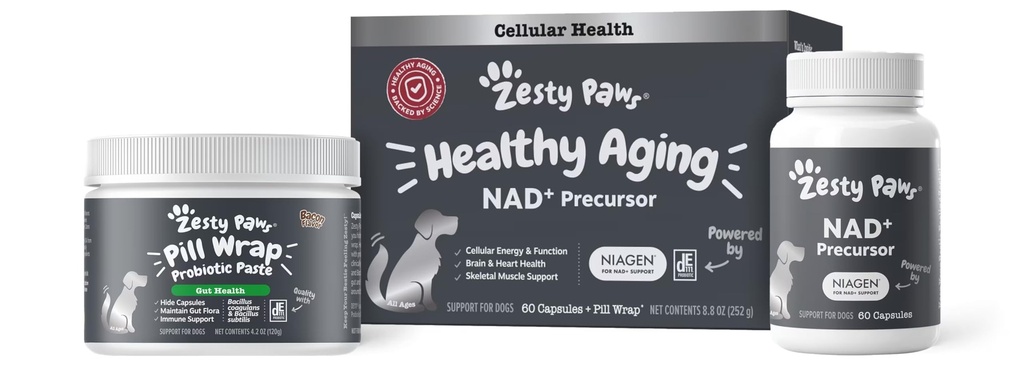 Zesty Paws NAD+ Precursor Supplement for Dogs - Niagen for Healthy Γήρανση & Σκελετική Μυϊκή Υποστήριξη & Ανάκτηση - Εγκέφαλος, καρδιά, & Κυτταρική Ενέργεια Υποστήριξη - Νικοτιναμίδη Χλωριούχο Ριβοσίδιο - 60 Κάψουλες