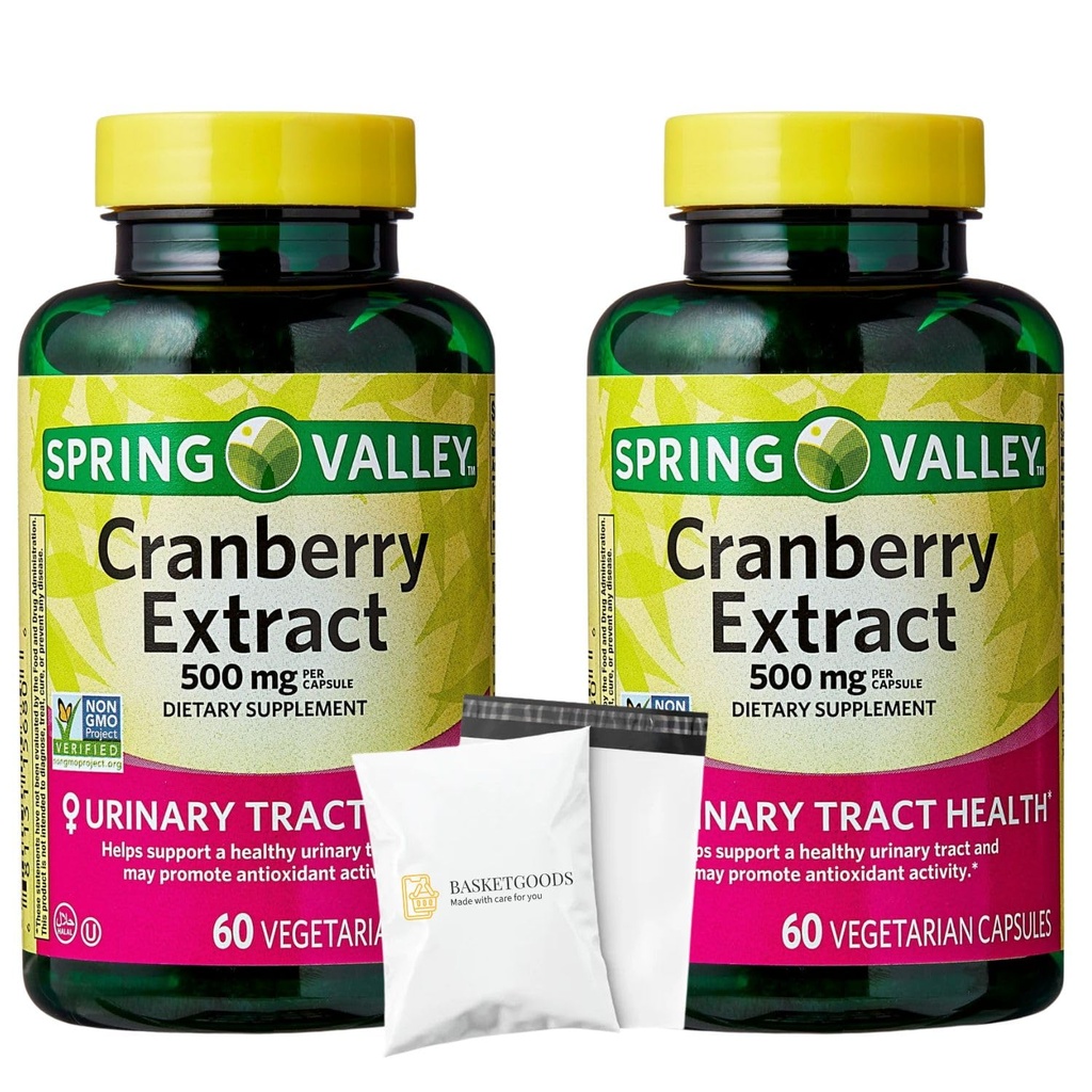 Spring Valley Cranberry Extract 500mg, 60 Count, Vegetarian Capsules for Women Urinary Tract Health, 2 Pack - Set by Basket Goods